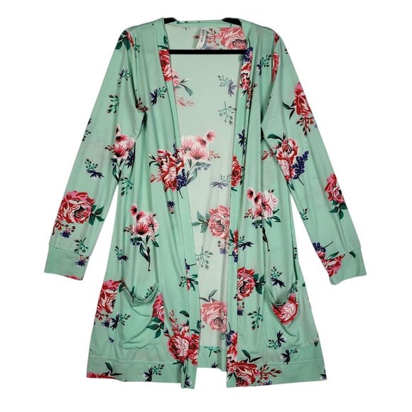 Tickled Teal Floral Cardigan Women's Large Green Pink Long Lines Pockets Boho - Picture 1 of 9